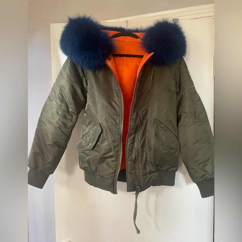 Reversible army green bomber jacket with real fox fur trim on hood , size small